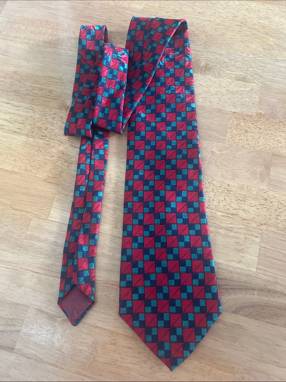 Dior Men's Red and Teal Geometric Check Silk Tie